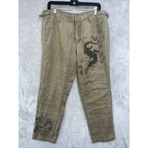 Da Nang Pants Women's M Linen Asian‎ Dragon Relaxed Fit Green Button Fly Y2k